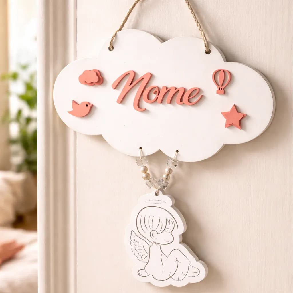 Placa de porta maternidade quarto de bebê menino menina nuvem com nome personalizado