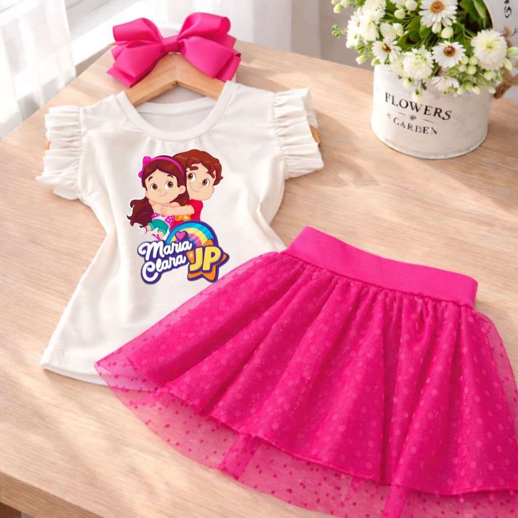 Conjunto Infantil Menina Look Blogueirinha Maria Clara JP 1 a 10 Anos Blusa Tule Pink Estiloso