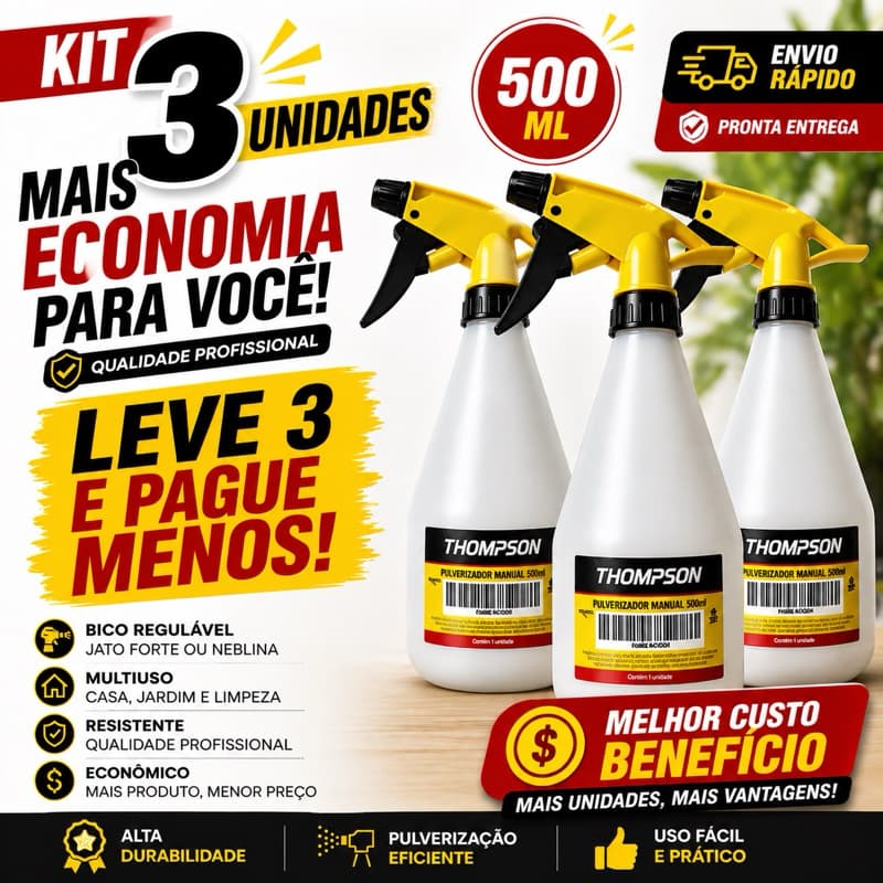 Kit 3 Borrifadores 500ml Spray Multiuso Resistente | Leve Mais e Pague Menos | Ideal Limpeza e Jardim