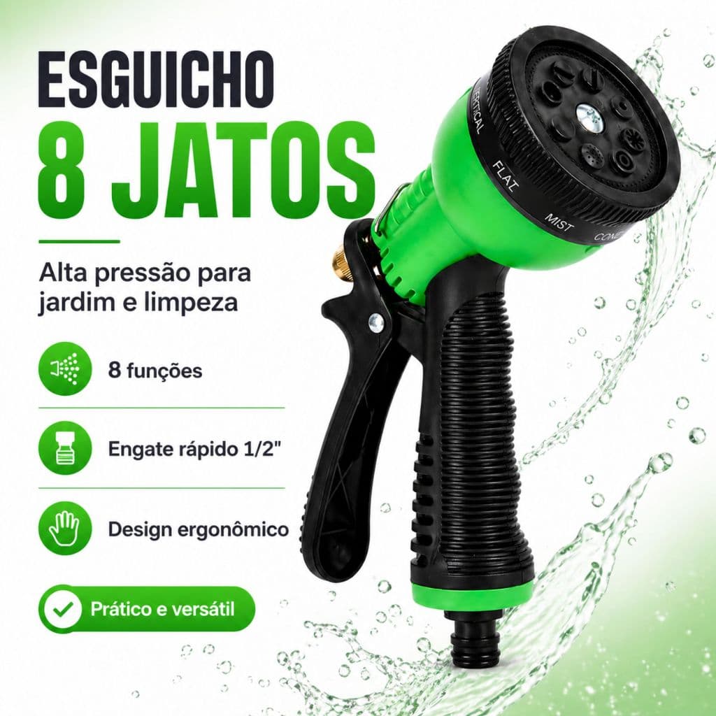 Esguicho De Mangueira 8 Jatos Alta Pressão De Jardim e Jardinagem Plástico e Metal Reforçado