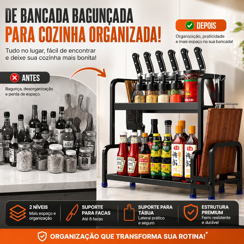 Organizador de Bancada Cozinha 2 Níveis Premium Porta Temperos Facas e Tábua Preto