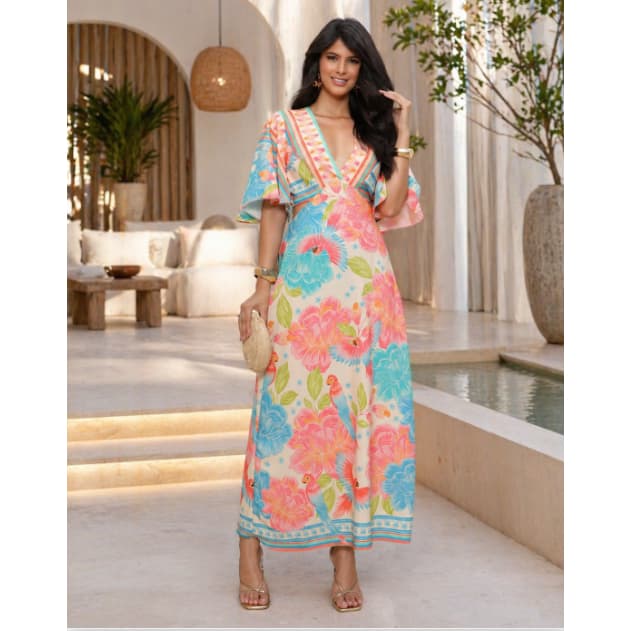 Vestido Feminino Longo Tropical Decote V Manga Borboleta Moda Exclusiva Blogueira
