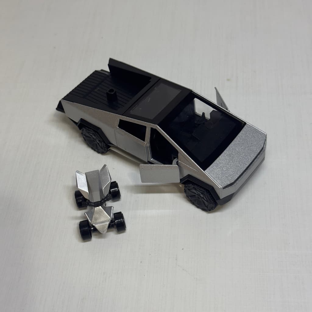 Miniatura Tesla Cybertruck Metal com Cyberquad Abre Portas Carrinho Coleção DieCast Luxo