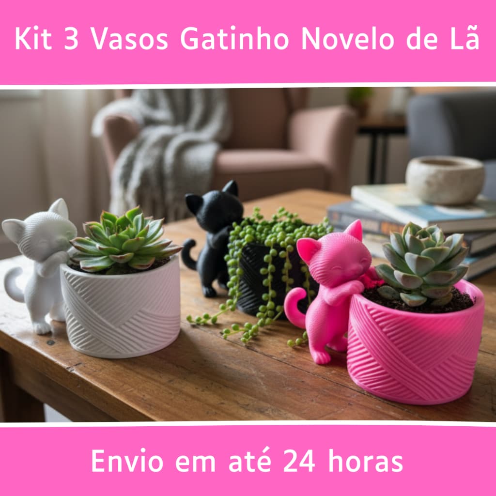 🌵 Vasinhos Luxo Gatinho Novelo de Lã para Cactos e Suculentas Plástico Ecológico