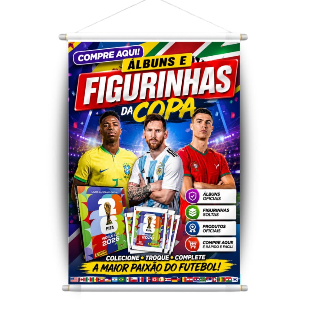 Banner Copa 2026 Figurinhas e Álbum 60x80cm Decoração Loja Futebol Oferta