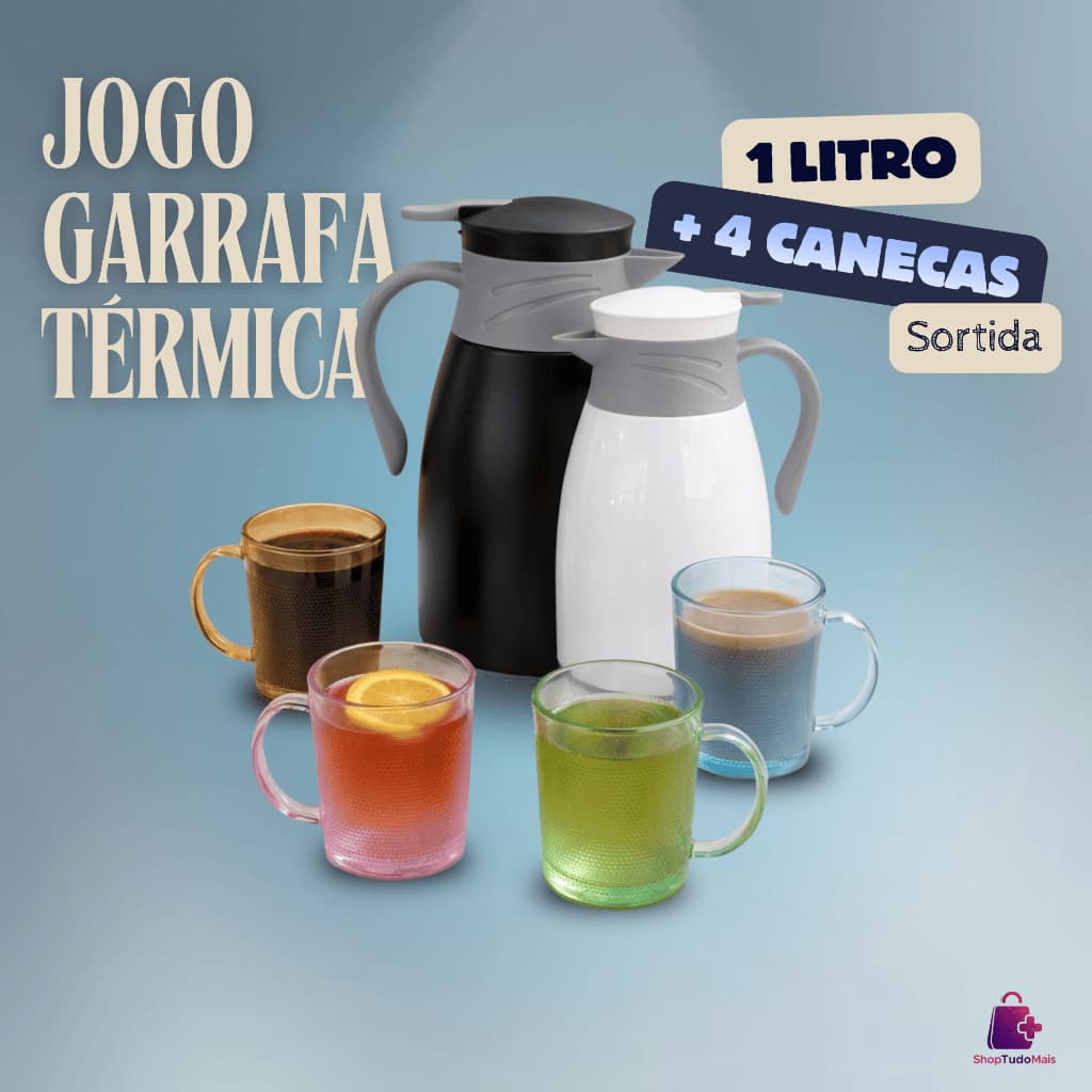 Conjunto Garrafa Termica 1 Litro Victoria Com 4 Canecas Termicas Sortidas