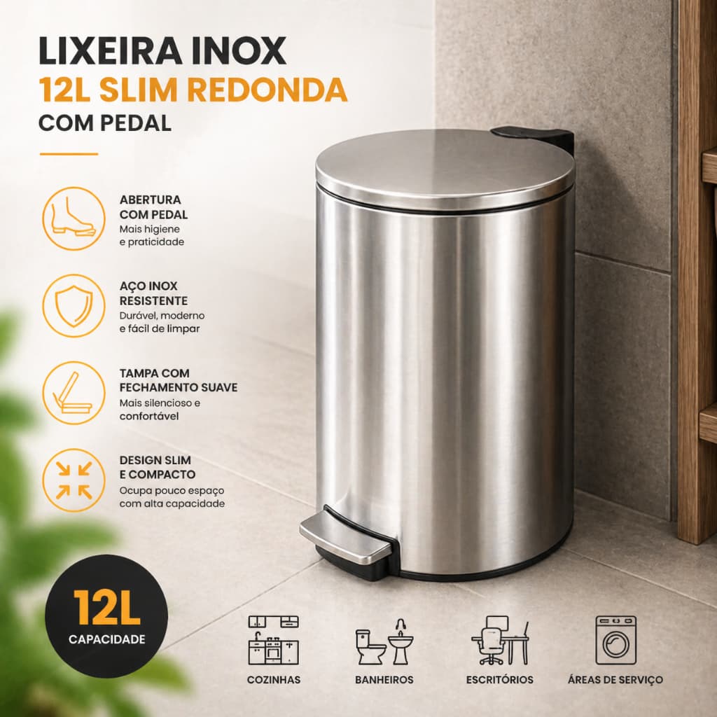 Lixeira Inox 12L grande Slim Redonda com Pedal-  cozinhas, banheiros, escritórios, áreas de serviço