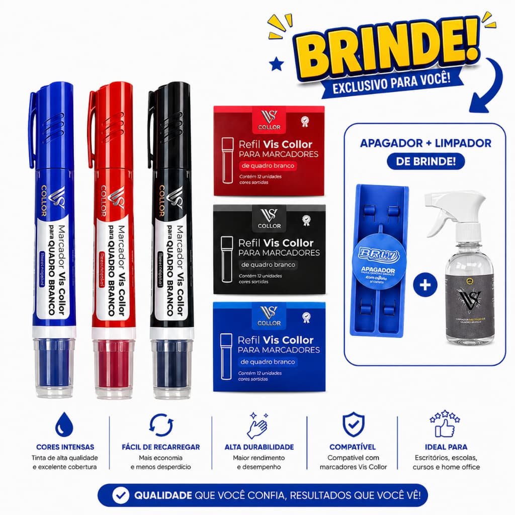 Kit 3 Cxs Recargas P/ Pincel Marcador Canetão De Quadro Branco + 3 Pincel+ Limpador e Apagador