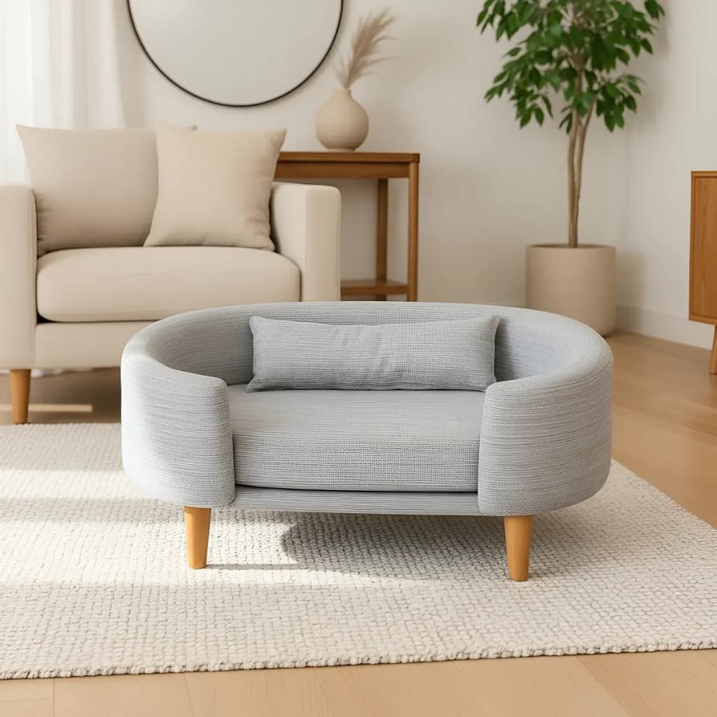 Cama Pet Luxo Tipo Poltrona Dior Linho Cinza Com Almofada Sofá Para Cachorro Gato Conforto Premium