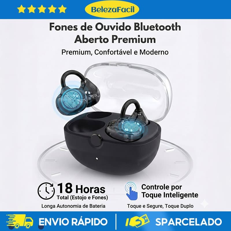 Fone de Ouvido Bluetooth Tipo Clipe Aberto Sem Vazamento de Som Redução de RuídoLonga Bateria Compatível Android iOS
