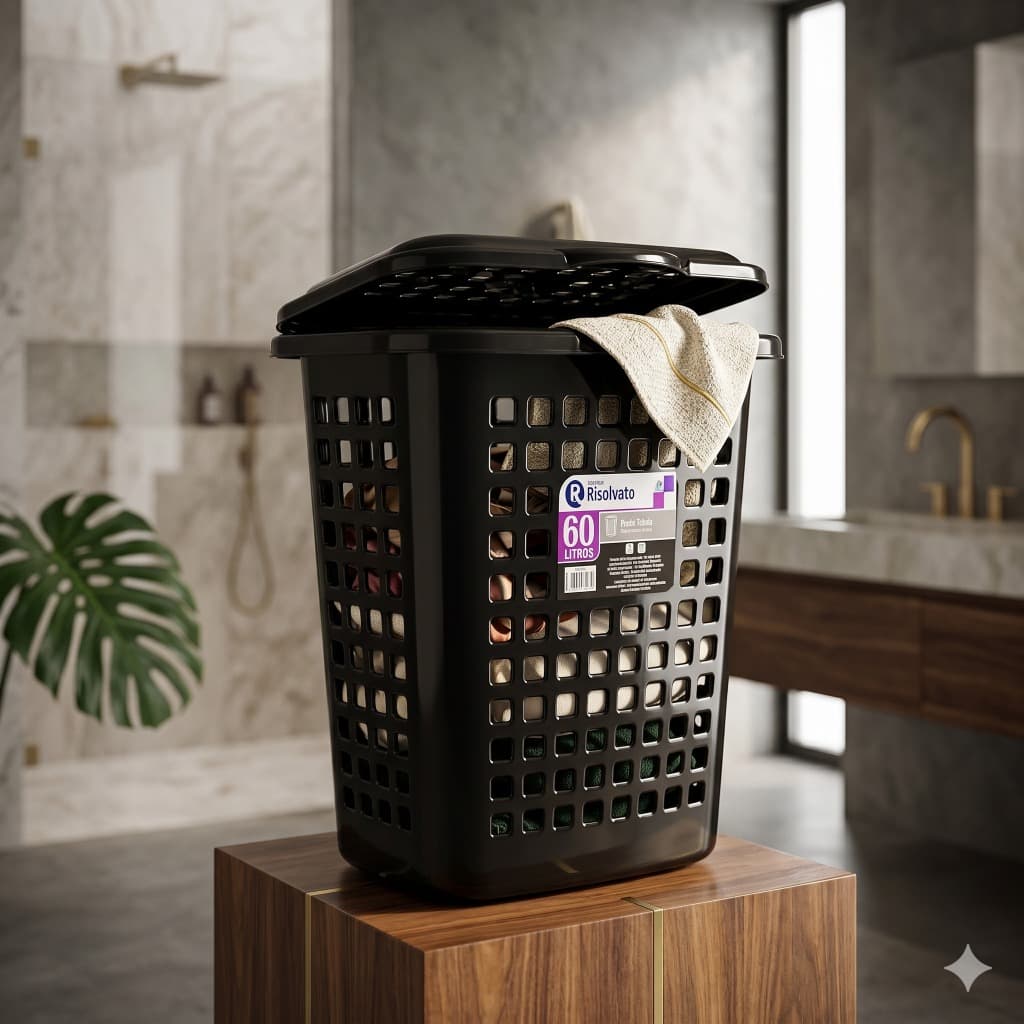 Cesto de Roupa Suja 60 Litros Telado Preto Resistente Lavanderia Com Tampa