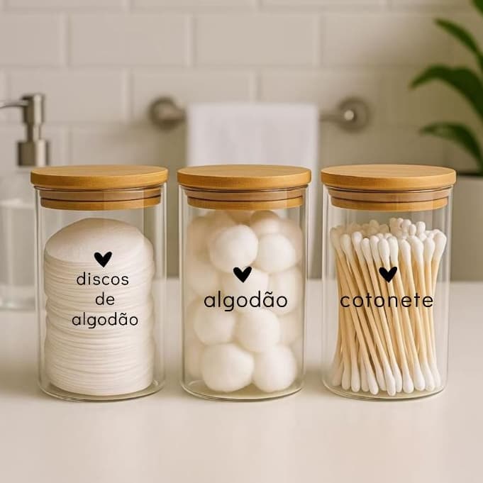 Pote Porta Algodão Cotonete Discos Grampos Elásticos Toucas Hermético potes herméticos vidro bambu