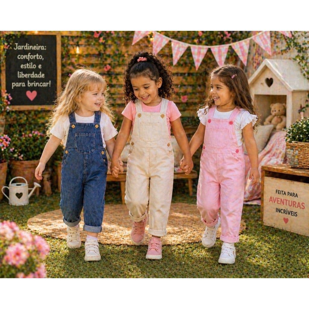 Jardineira LONGA Jeans ROSA OFF BEGE  Calça Infantil Menina 1 A 3 Anos - PB