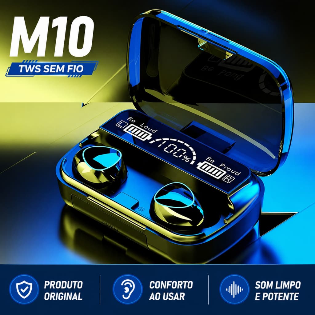 Fone Bluetooth M10 TWS 5.1/5.3 Estéreo com Power Bank Display LED IPX7 Gamer Sem Fio