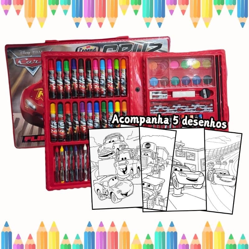 Estoio Maleta Pintura Infantil Carros Canetinhas Tinta Lápis Cores 86 peças + Desenhos Para Colorir