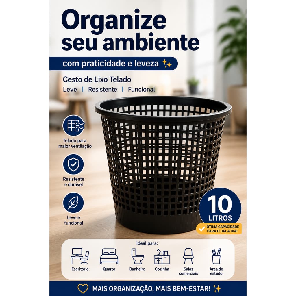 Cesto de Lixo Telado 10L Plástico Resistente Multiuso Ideal para Banheiro Escritório Quarto Cozinha