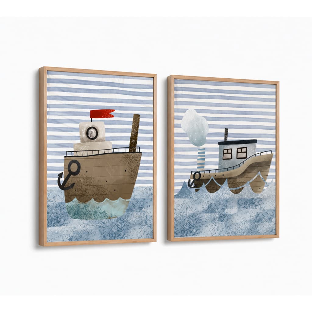Kit 2 Quadros Decorativos Infantil | Quarto Bebê Menino | Aquarela, Barco, Transporte, Mar - No253