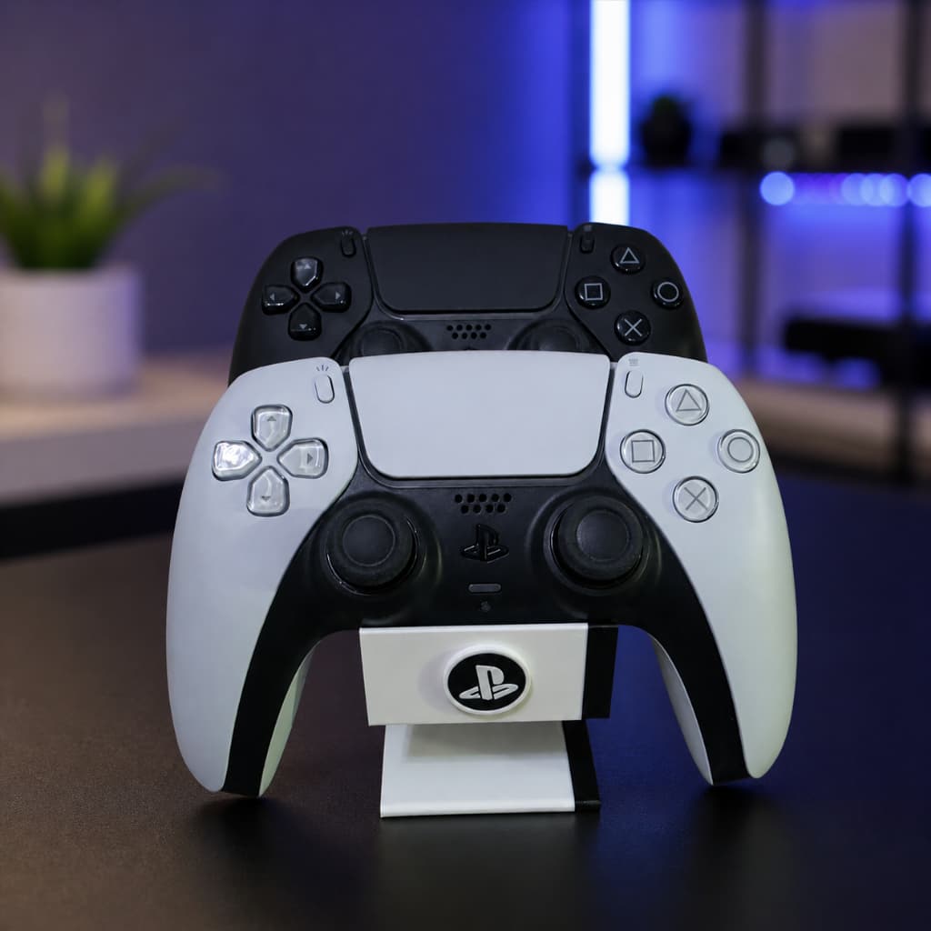 Suporte Controle Gamer Branco com Faixa Preta Design Moderno PS5 PS4 Xbox Organizador Setup