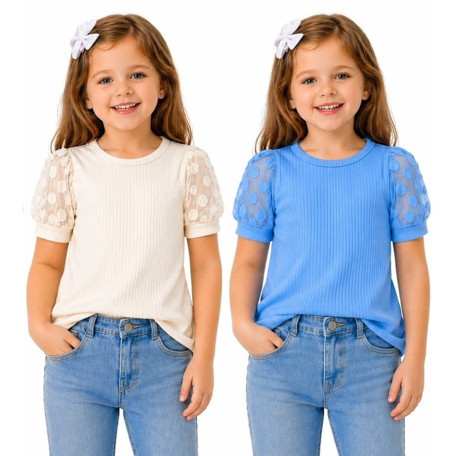 Kit 2 Blusinhas Infantil Feminina Menina Manga Princesa Tam 2 ao 12