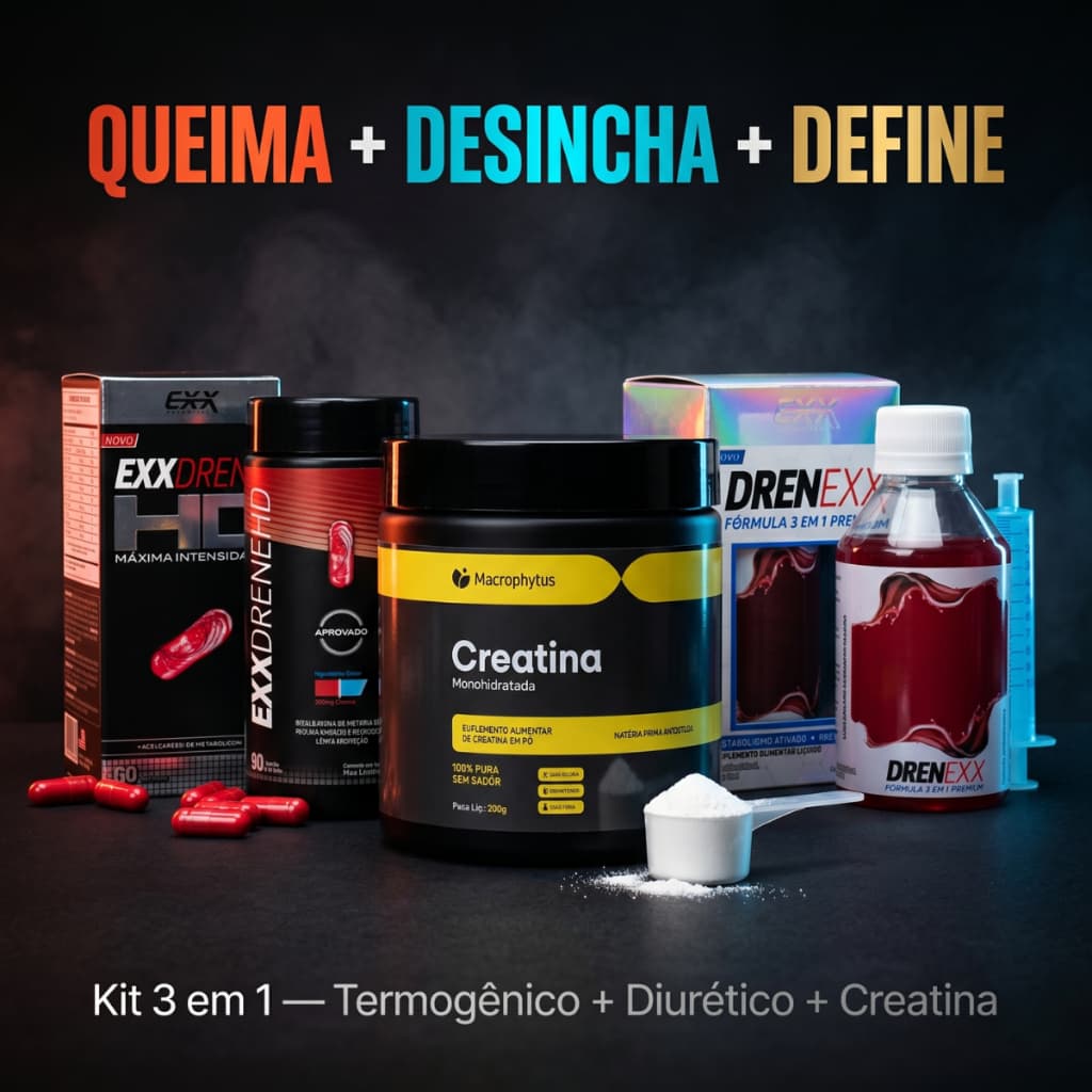 Kit 3 em 1 | Queima + Desincha + Definição Muscular | Lipo | Creatina | Termogênico | Diurético
