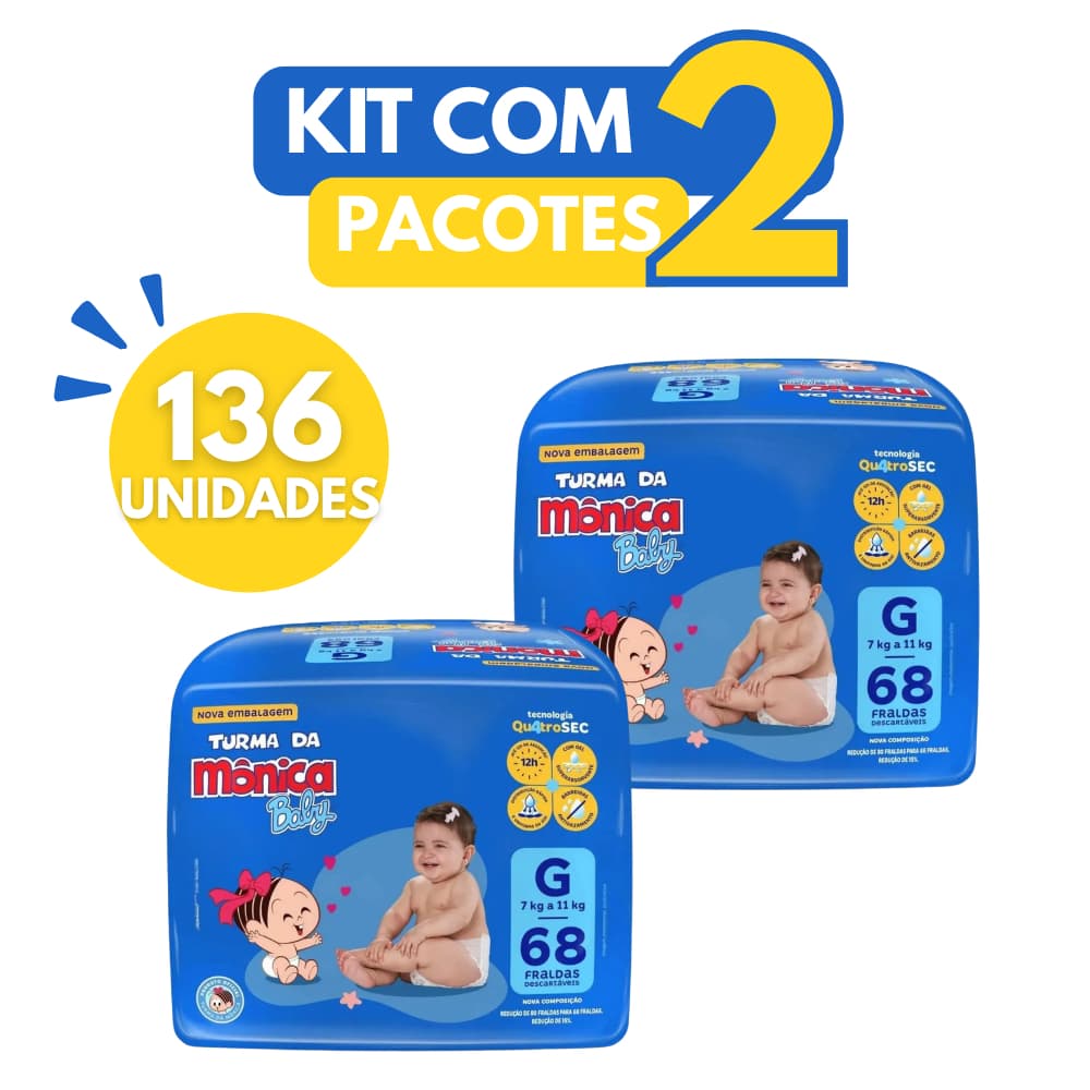 Kit com 2 Pacote de Fralda Turma da Mônica BAG Hiper Pacotão Tamanho G - 136 Unidades