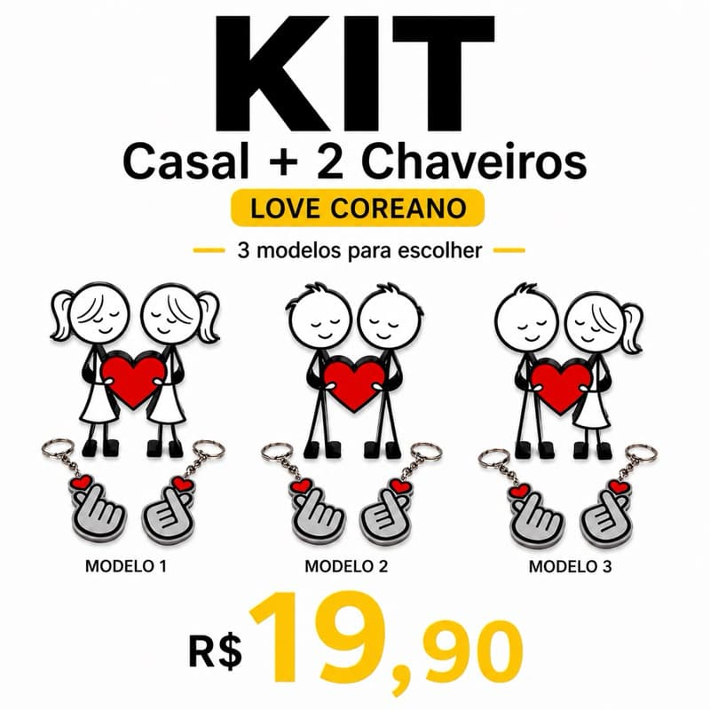 Kit Casal Coração + 2 Chaveiros love coreano| Presente Criativo Romântico | 3 Modelos