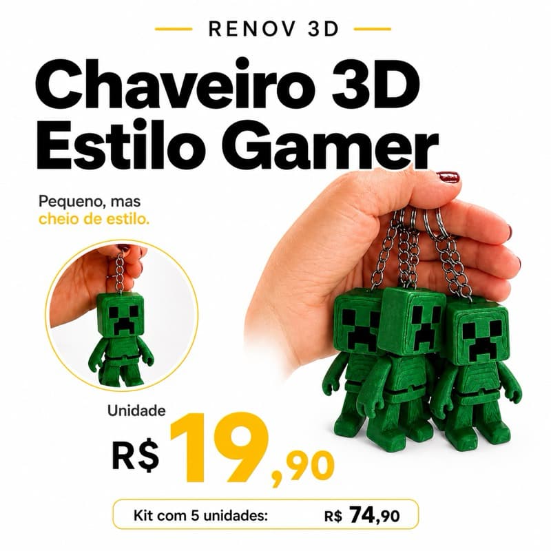 Chaveiro Personagem Pixel Verde 🎮 | Estilo Gamer 3D | Presente Criativo