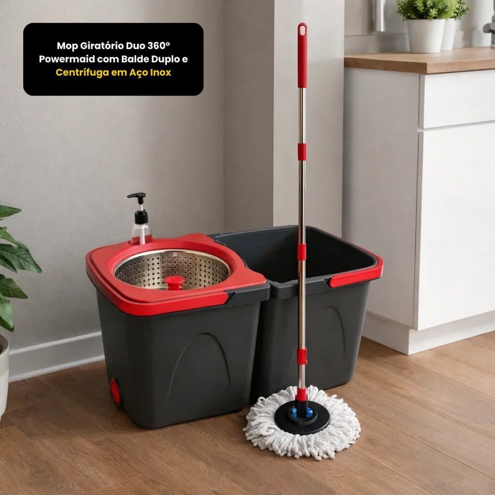 Mop Giratório Duo 360° Powermaid com Balde Duplo e Centrífuga em Aço Inox Leve Resistente