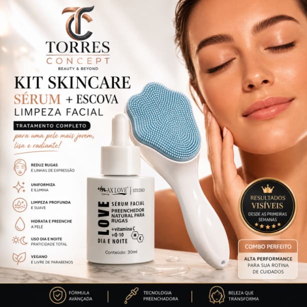Kit Skincare Sérum Facial Max Love Anti-Rugas Vitamina C Q10 + Escova de Limpeza Facial Silicone