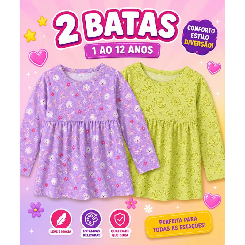 Blusa Bata Infantil Juvenil Menina | Kit Econômico 2 Peças | Leve, Macia e Confortável | 1 a 12 Anos