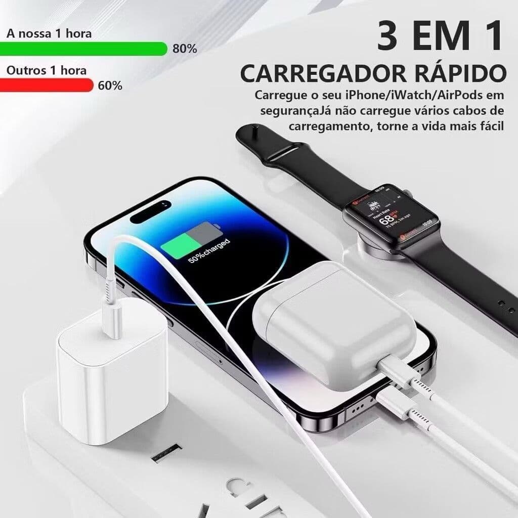 Carregador Magnético 3 em 1 para Relógio, Entrada Lightning e Tipo-C com Indução + Cabo de 1.2m