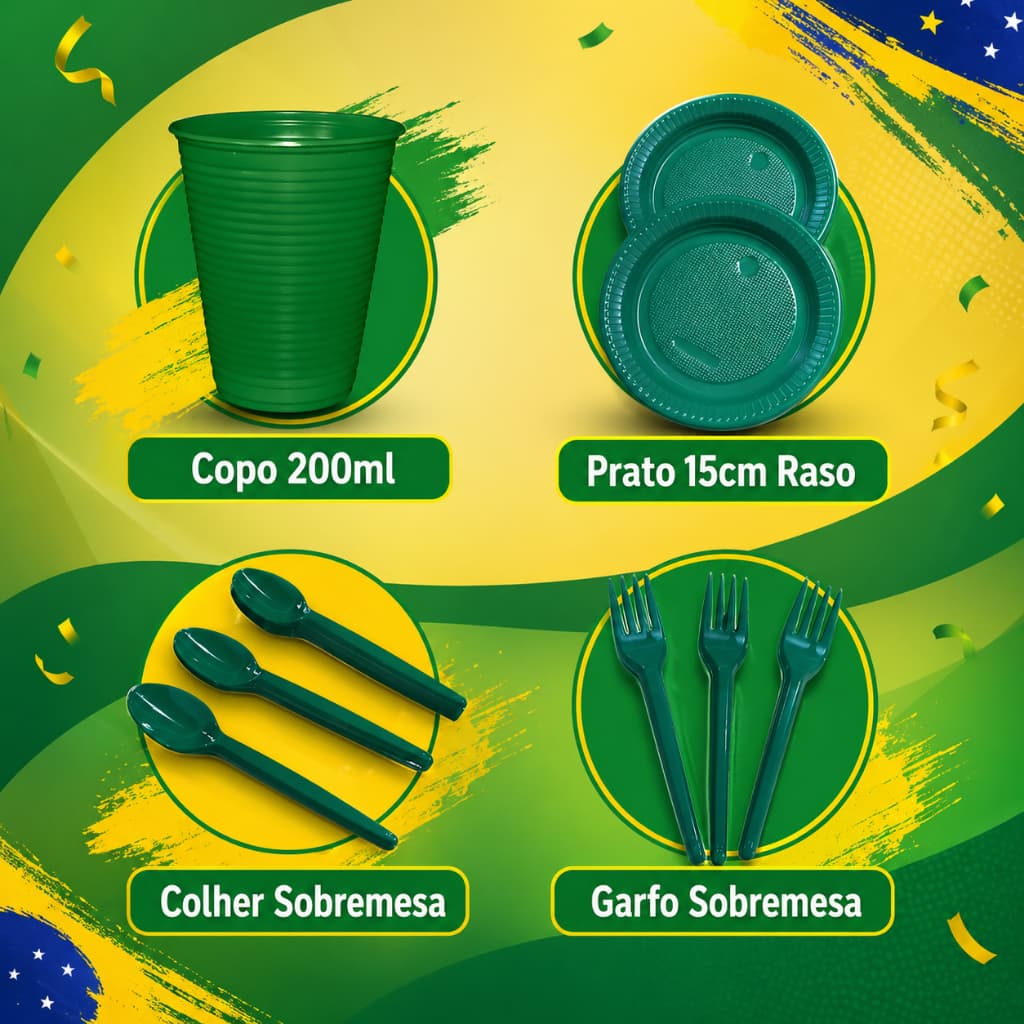 Kit Descartável 200 unidades, prato, copo, colher e garfo. Cores vibrantes da copo com variedades  .
