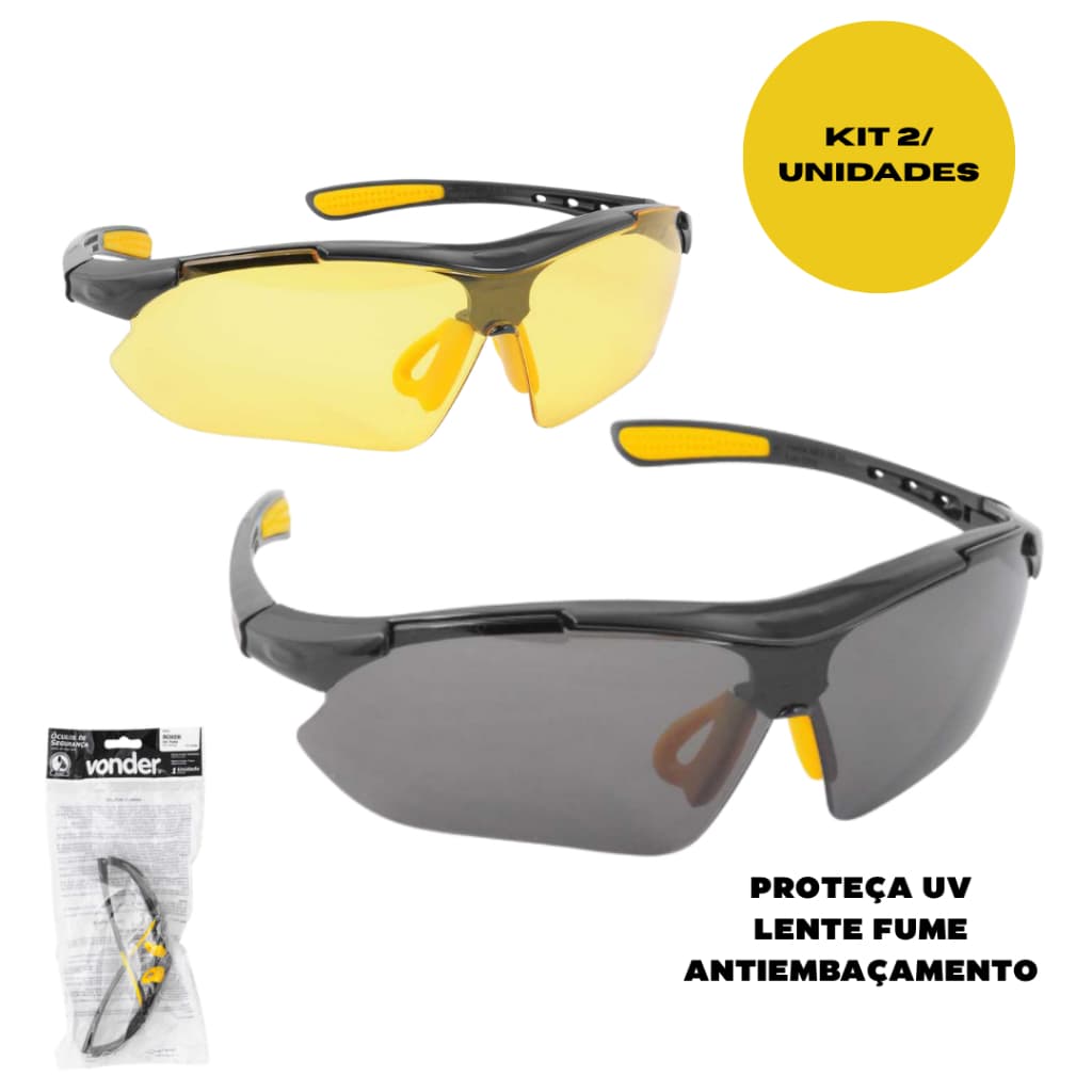 Kit 2 Óculos de Segurança Vonder Lente Fumê Amarela Transparente CA Aprovado NR6 EPI Antiembaçan Trabalho Moto te