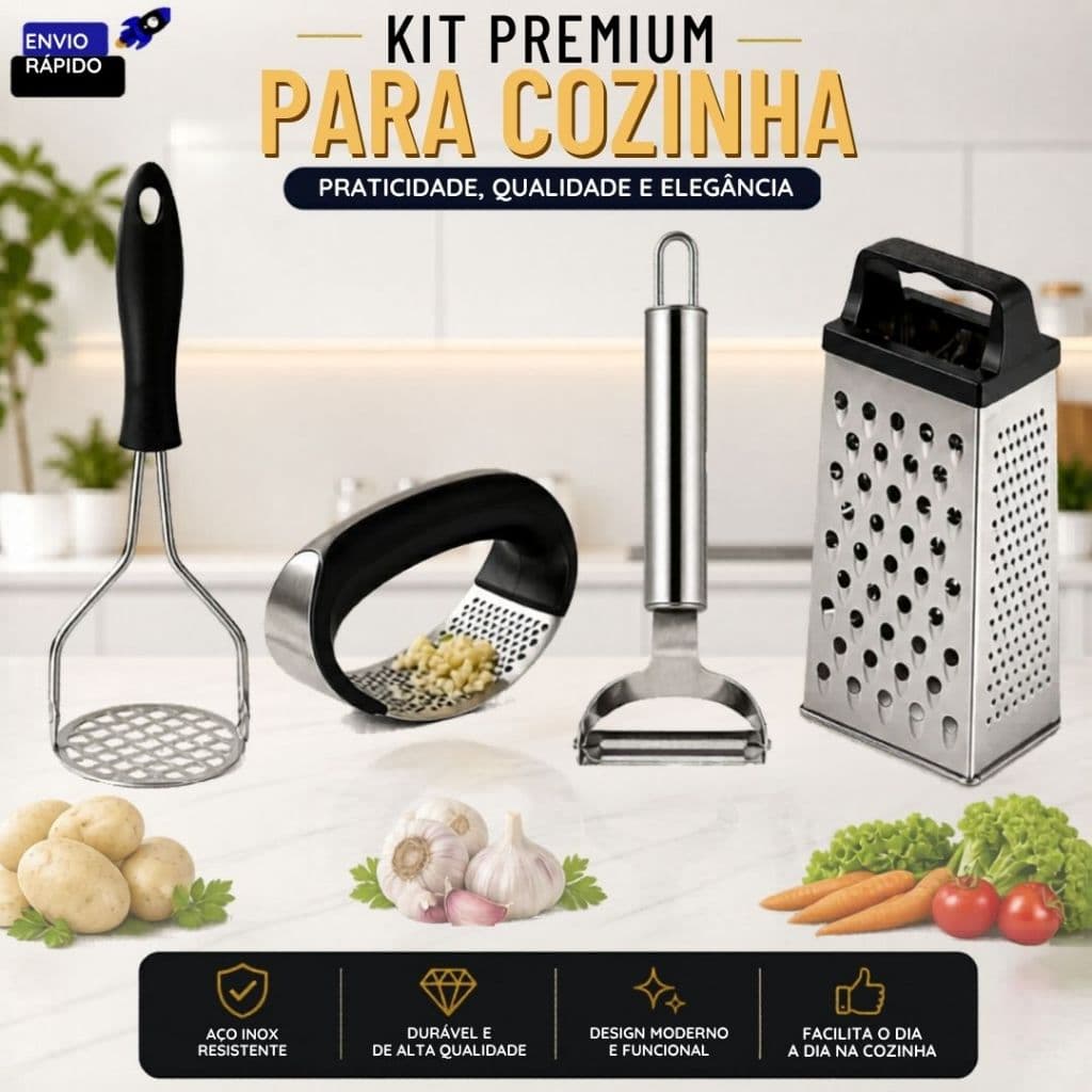 Kit Utensílios Ralador 4 Faces Amassador Batata Amassador Alho Descascador de Legumes em Aço Inox