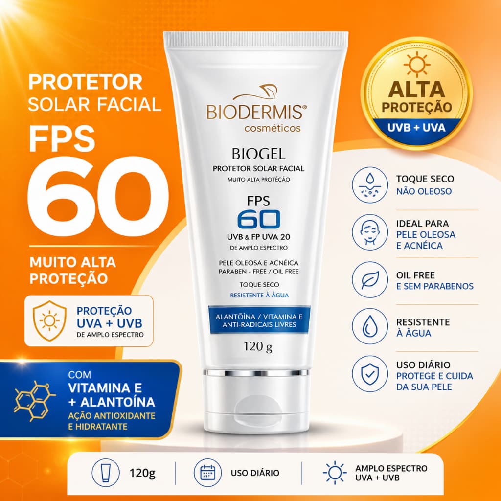 Protetor Solar Facial Biogel Fps 60 para Pele Acnea Oleosa Biodermis Filtro solar Resistente a água