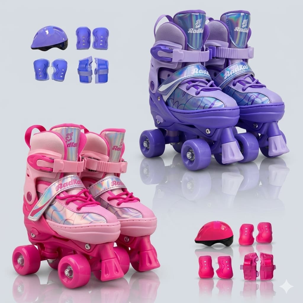 Roller Patins Infantil Rosa 4 Rodas + Kit Proteção Adulto