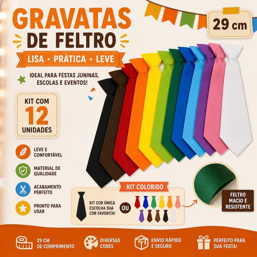 gravata de feltro festa junina decoração artesanato kit 12 peças 29 cm