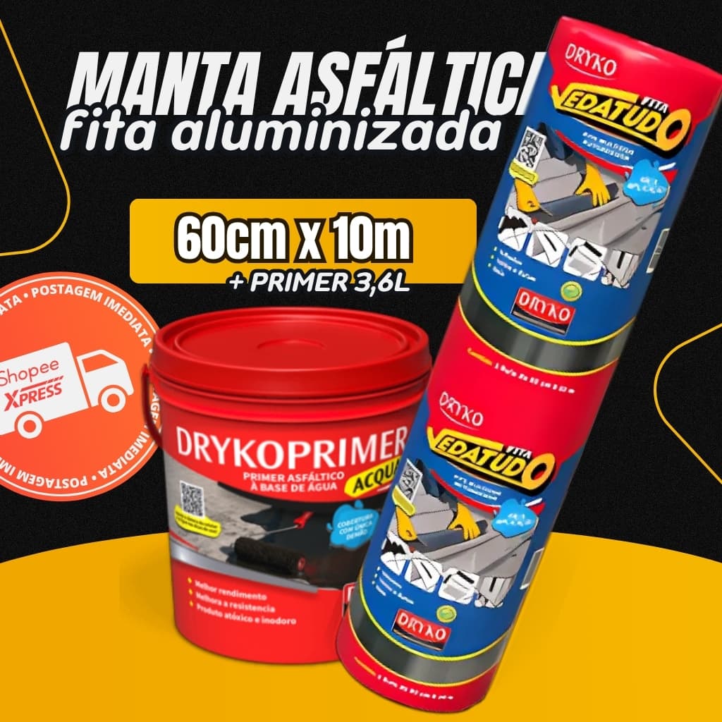 Manta Asfáltica Fita Auto Adesiva Aluminizada - 60cm X 10m + Primer de 3,6L