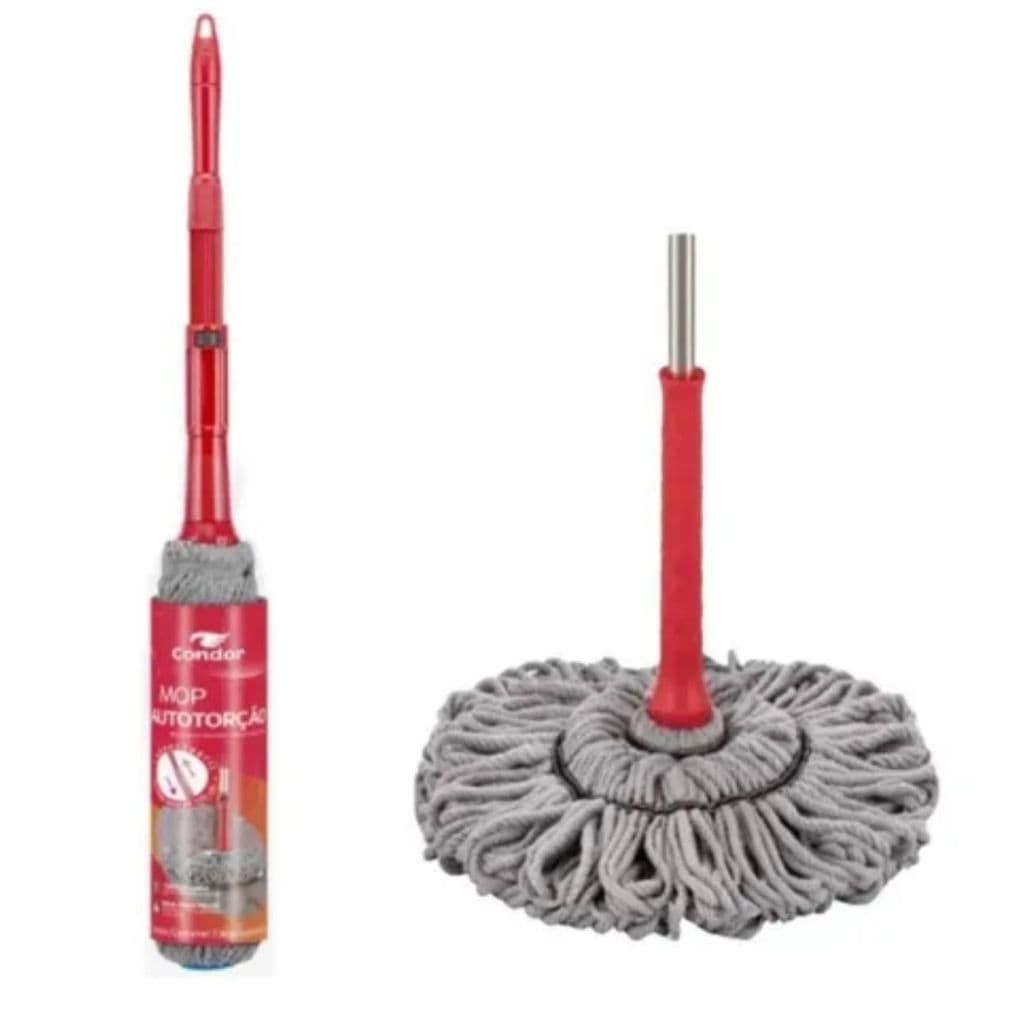 Mop Giratório Autotorção Condor Microfibra Cinza com Cabo Vermelho – Limpeza Prática e Sem Esforço