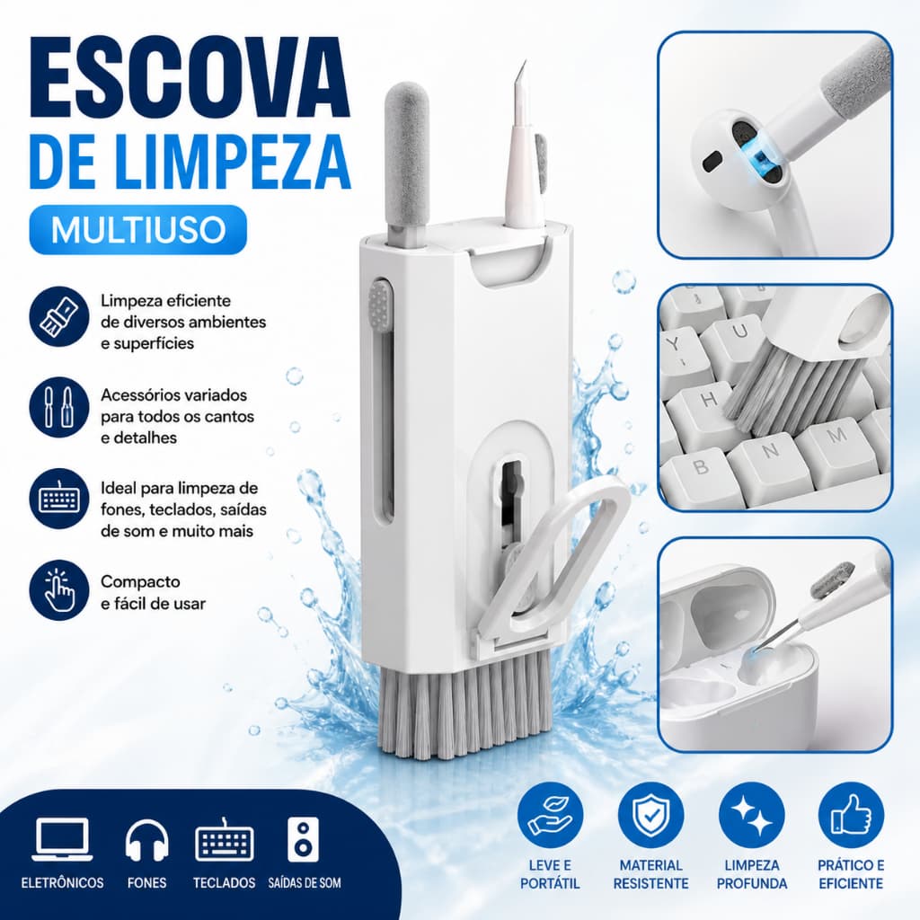 Escova de limpeza de teclado 8 em 1 multifuncional Portátil para Computador Fones
