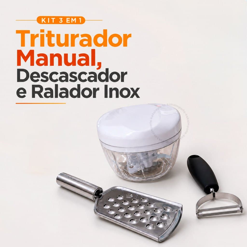 Kit 3 Utensílios para Cozinhar Triturador Manual Descascador e Ralador Inox Casa Buffet Lanchonete
