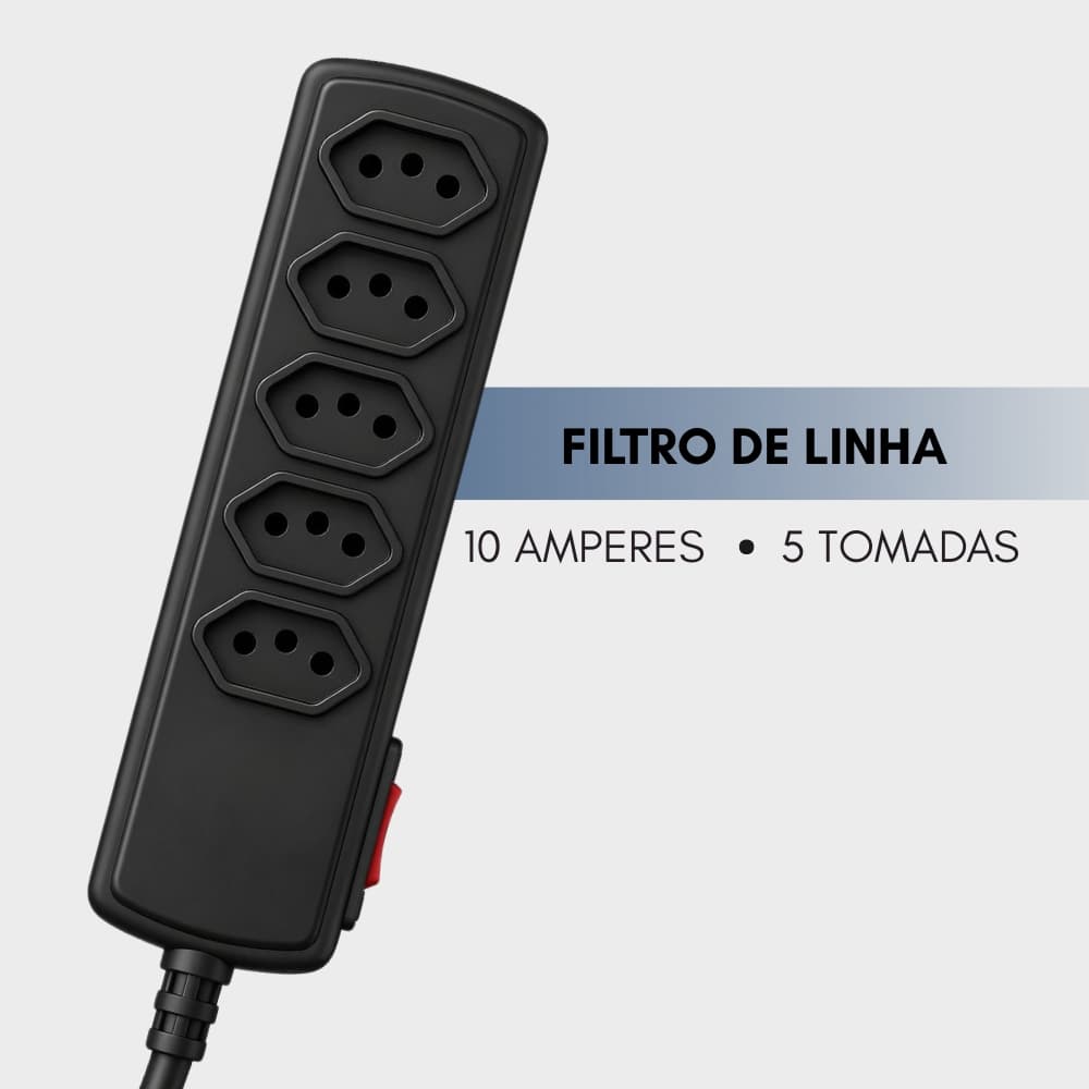 Filtro de linha régua 5 tomadas DPS protetor contra surtos elétricos 3 Metros bivolt Plug 90 Graus Preto