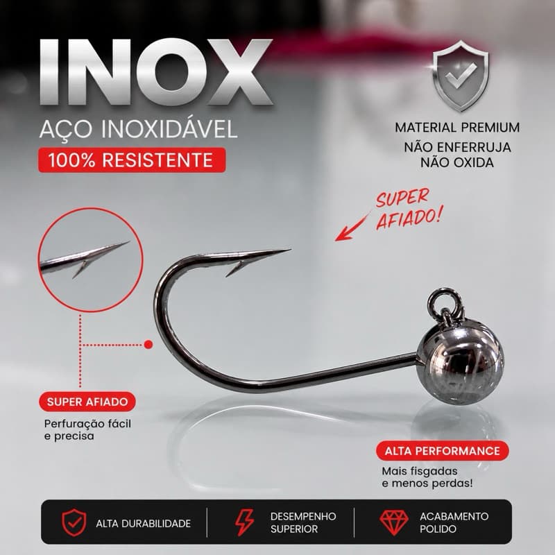 Kit 10 Jig Head inox Pesca  1/0 3/0 3g a 7g  Alta performance Anzol para Soft Robalo Traíra Tucunaré Isca Artificial