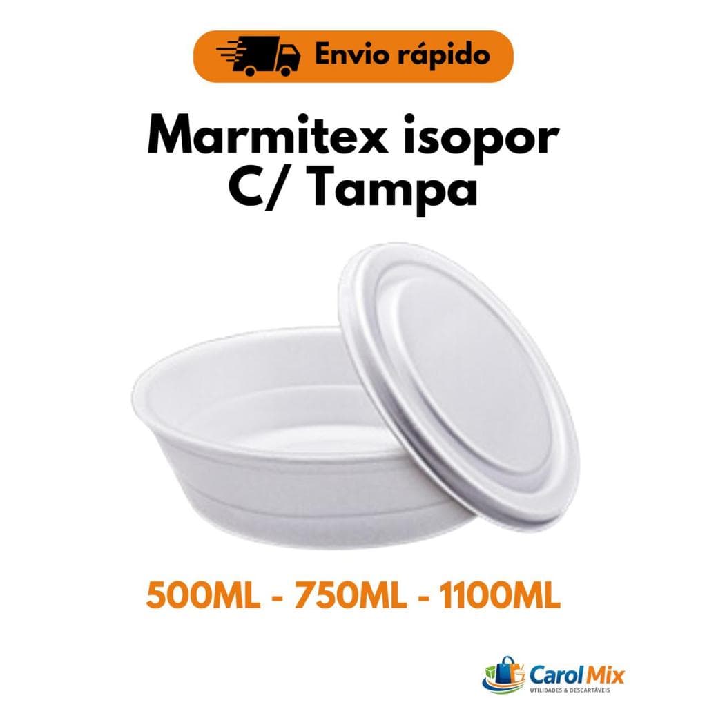 Marmitex Isopor EPS C/ Tampa 500ml 750ml 1100ml Kit 10 50 100 Unidades Delivery Restaurante Marmita