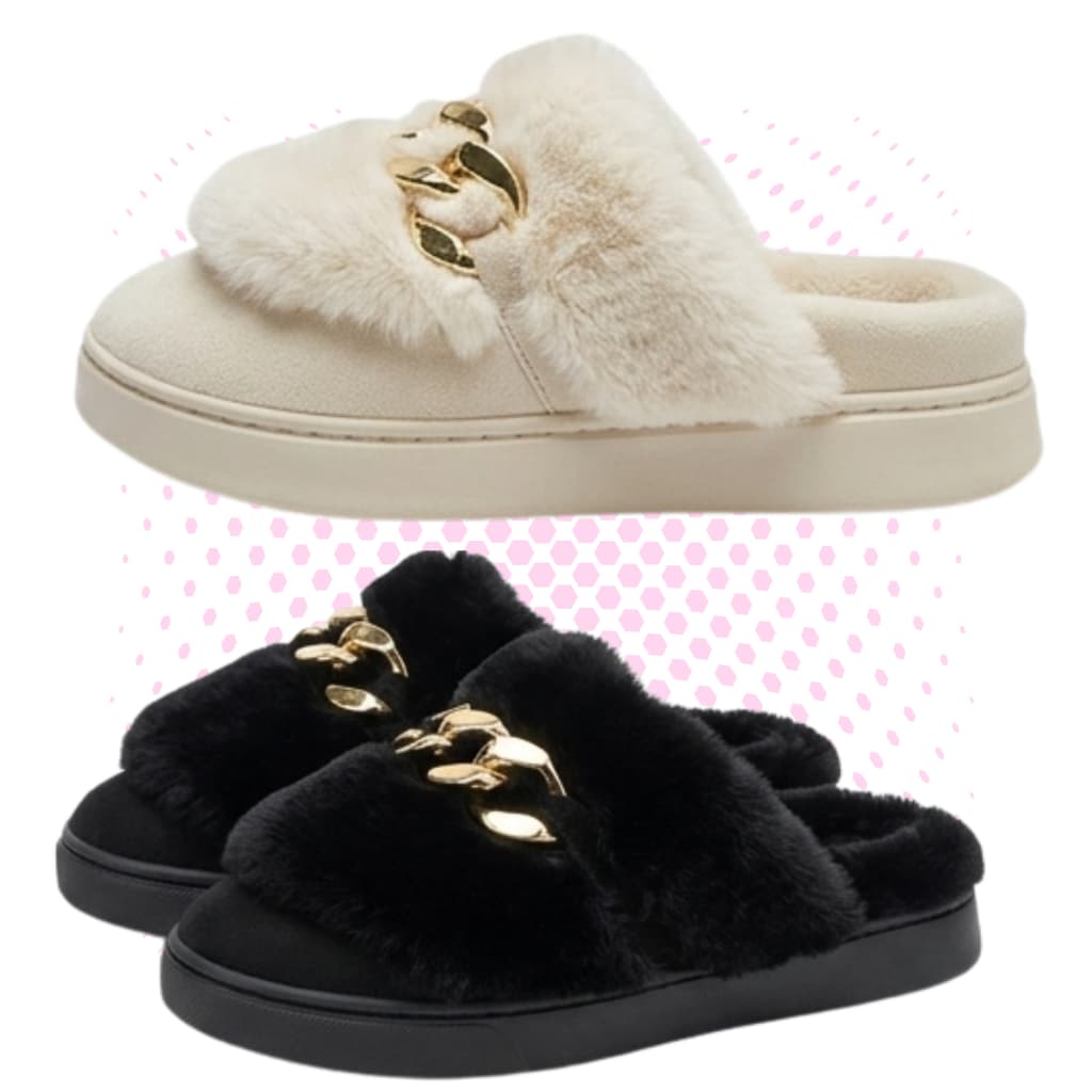 Pantufa Feminino Casual Premium Peluciada Antiderrapante Corrente