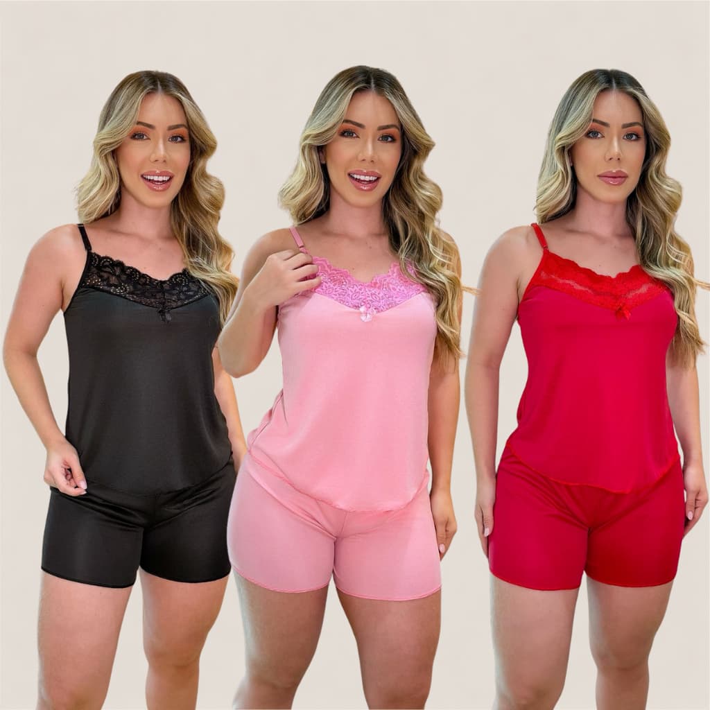 Kit 6 Peças Baby Doll Com Detalhes em Renda Short Sensual Pijama Confortável Blusinha Fresquinho....