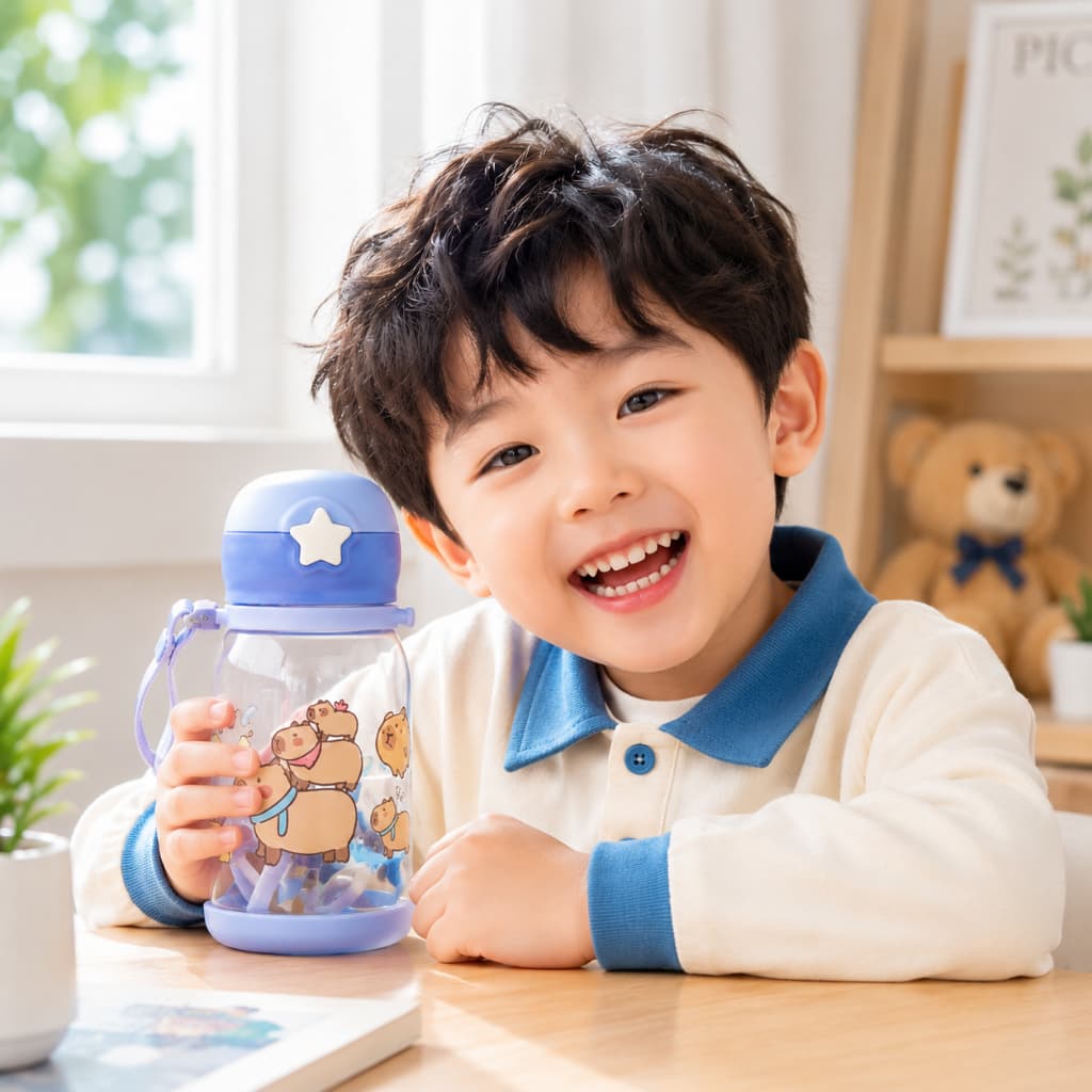 Garrafa Infantil Capivara com Canudo e Tampa Anti Vazamento 600ml