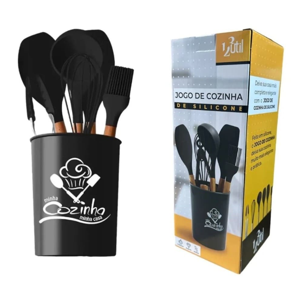 Kit 7 Peças Utensílios De Cozinha Cabo De Madeira Silicone