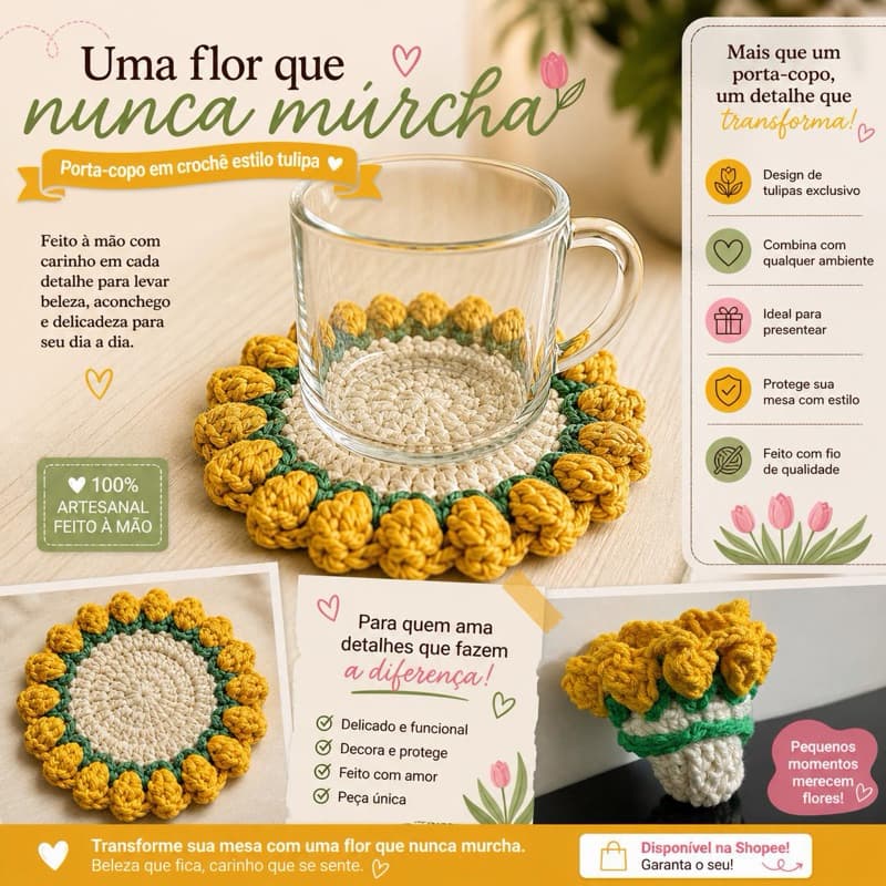 Porta Copo de Crochê Tulipa 🌷 Artesanal Feito à Mão | Decorativo e Funcional