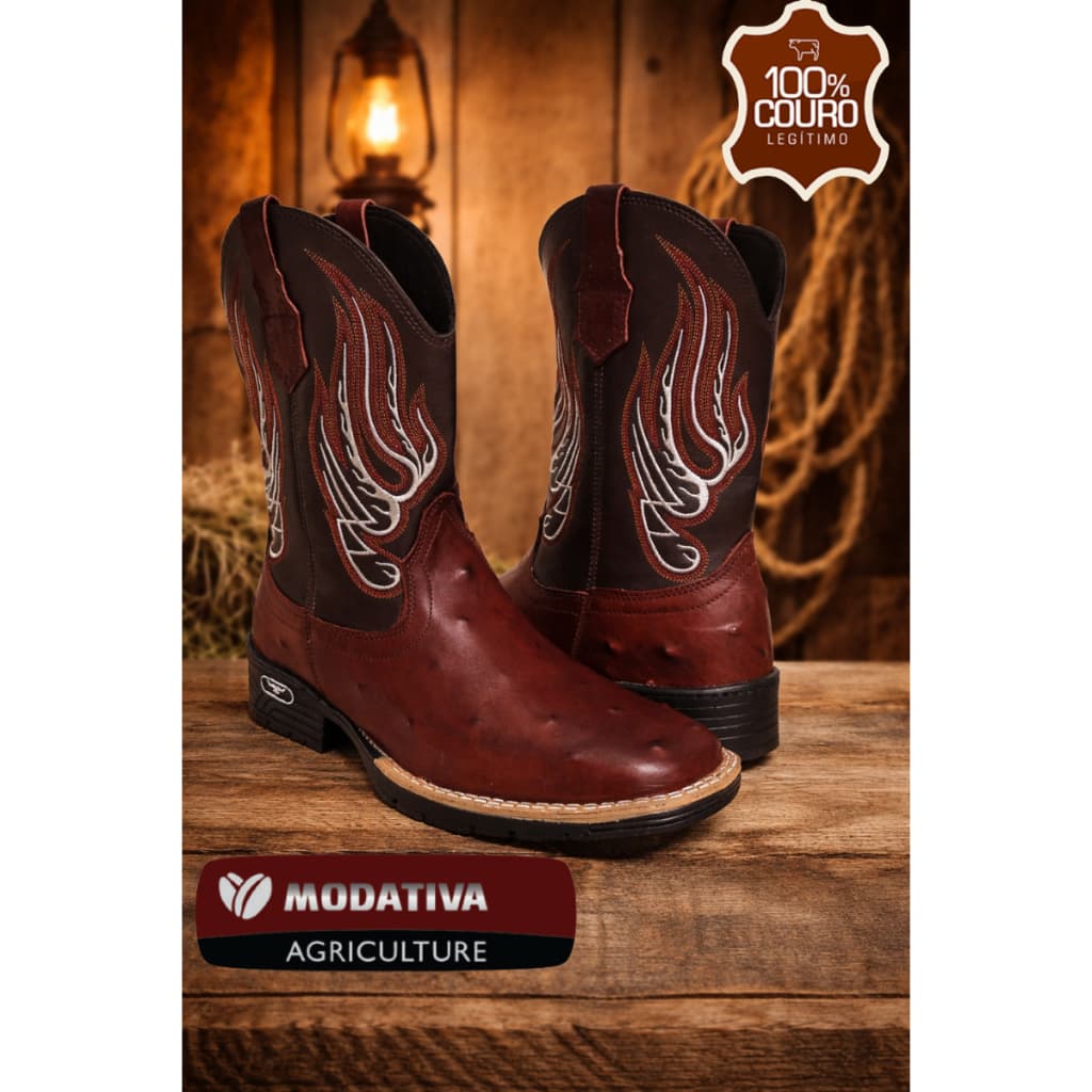 Bota Texana Country Cano Alto Couro Legítimo Pinhão Avestruz